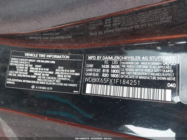Aukcja sprzedaży 2001 Mercedes-benz Slk 320, vin: WDBKK65FX1F184251, numer aukcji: 44693278