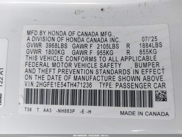 2026 Honda Civic Si Sedan მანქანა იყიდება აუქციონზე, vin: 2HGFE1E54TH471236, აუქციონის ნომერი: 44693290