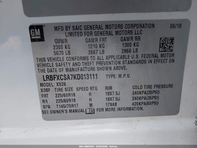44693304 :رقم المزاد ، LRBFXCSA7KD013111 vin ، 2019 Buick Envision Fwd Essence مزاد بيع
