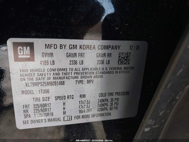 KL79MPS25MB091468 Chevrolet Trailblazer Fwd Lt