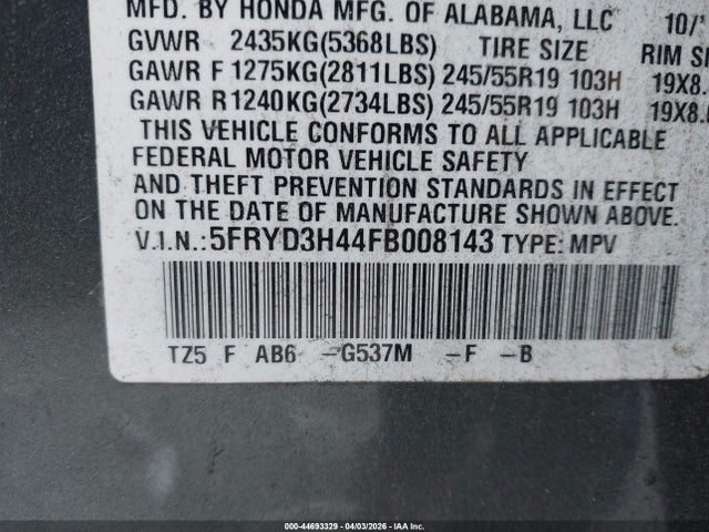 44693329 :رقم المزاد ، 5FRYD3H44FB008143 vin ، 2015 Acura Mdx Technology Package مزاد بيع