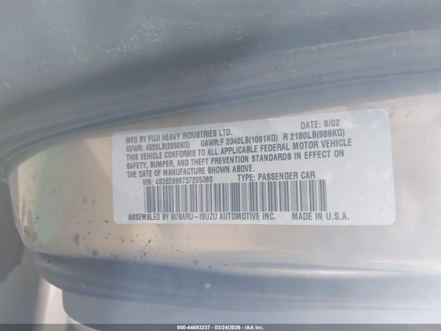 2003 Subaru Outback H6-3.0/h6-3.0 Vdc მანქანა იყიდება აუქციონზე, vin: 4S3BE896737205360, აუქციონის ნომერი: 44693337