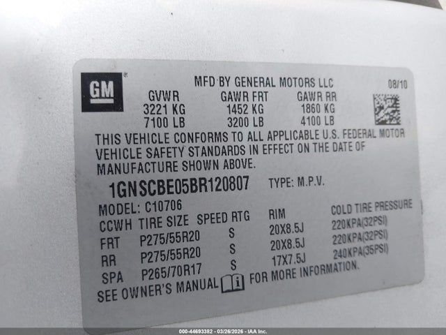 Aukcja sprzedaży 2011 Chevrolet Tahoe Lt, vin: 1GNSCBE05BR120807, numer aukcji: 44693382