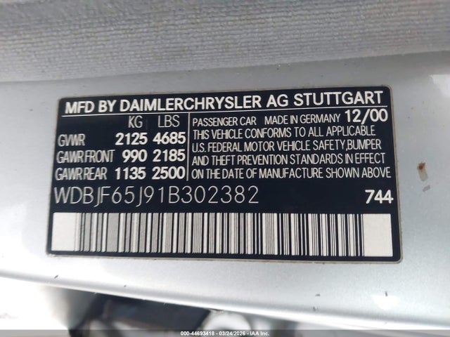 2001 Mercedes-benz E 320 მანქანა იყიდება აუქციონზე, vin: WDBJF65J91B302382, აუქციონის ნომერი: 44693418