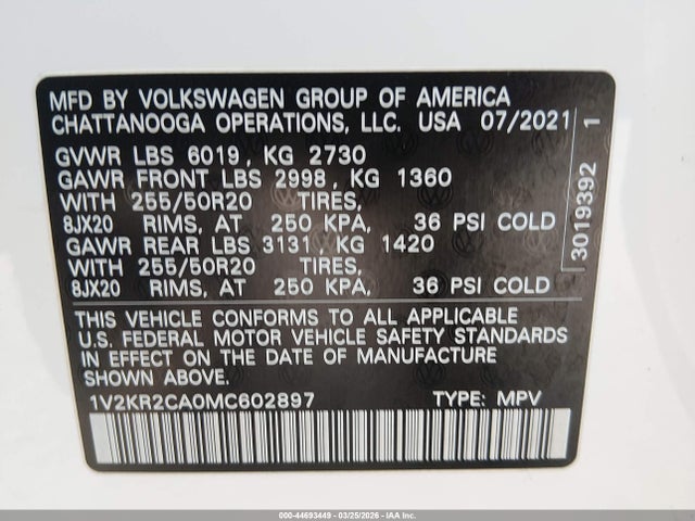 2021 Volkswagen Atlas 3.6l V6 Se W/technology მანქანა იყიდება აუქციონზე, vin: 1V2KR2CA0MC602897, აუქციონის ნომერი: 44693449