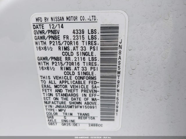 JN8AS5MT9FW150991 Nissan Rogue Select S