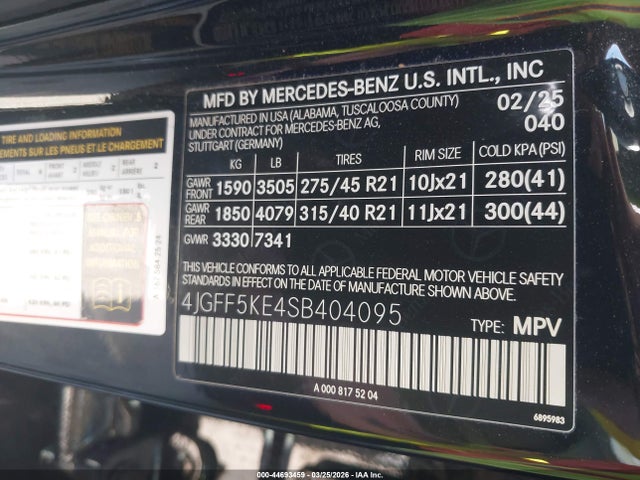 Aukcja sprzedaży 2025 Mercedes-benz Gls 450 4matic, vin: 4JGFF5KE4SB404095, numer aukcji: 44693459