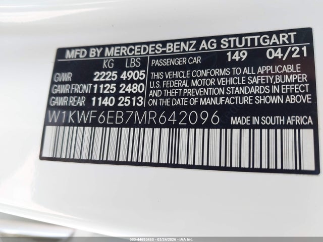 Aukcja sprzedaży 2021 Mercedes-benz Amg C 43 4matic, vin: W1KWF6EB7MR642096, numer aukcji: 44693460