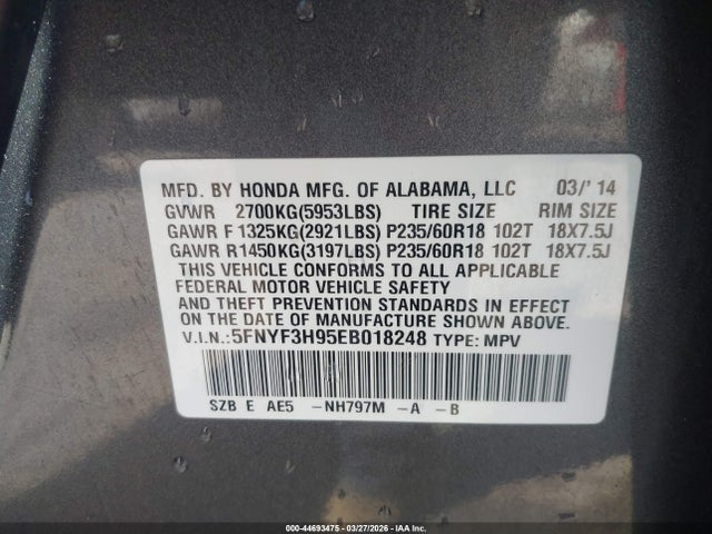 5FNYF3H95EB018248 Honda Pilot Touring