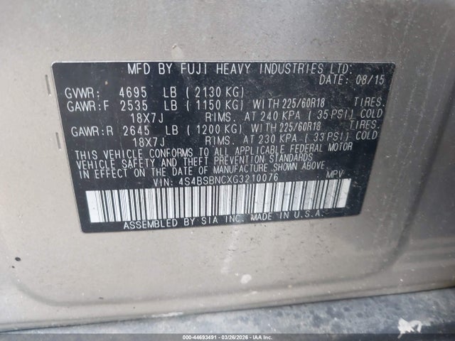 Aukcja sprzedaży 2016 Subaru Outback 2.5i Limited, vin: 4S4BSBNCXG3210076, numer aukcji: 44693491
