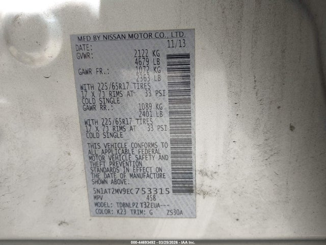 Продаж на аукціоні авто 2014 Nissan Rogue S, vin: 5N1AT2MV9EC753315, номер лоту: 44693492