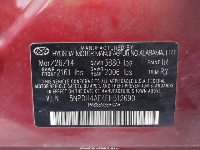 5NPDH4AE4EH512690 Hyundai Elantra Limited