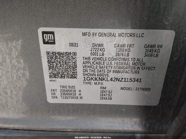 Aukcja sprzedaży 2022 Gmc Acadia Fwd Sle, vin: 1GKKNKL42NZ115341, numer aukcji: 44693519