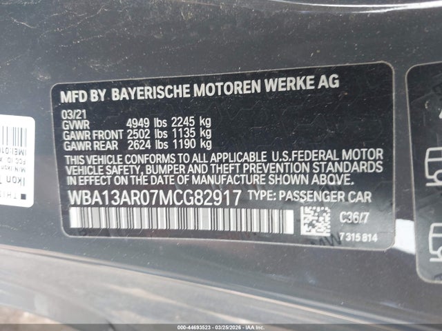 2021 Bmw M440i Xdrive მანქანა იყიდება აუქციონზე, vin: WBA13AR07MCG82917, აუქციონის ნომერი: 44693523