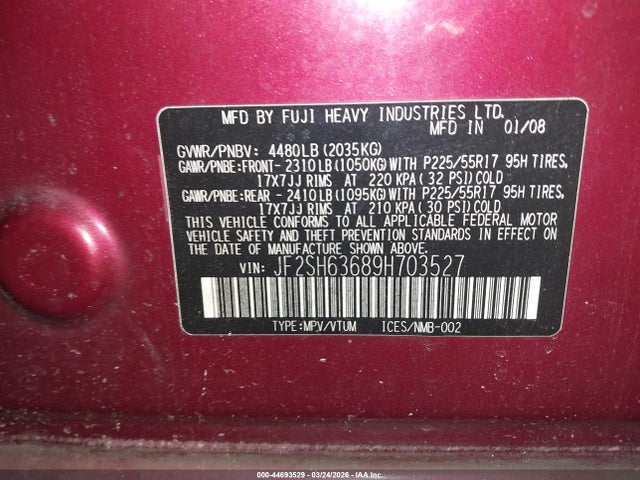 Продажа на аукционе авто 2009 Subaru Forester 2.5x, vin: JF2SH63689H703527, номер лота: 44693529