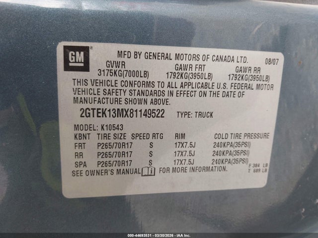 Продажа на аукционе авто 2008 Gmc Sierra 1500 Sle1, vin: 2GTEK13MX81149522, номер лота: 44693531