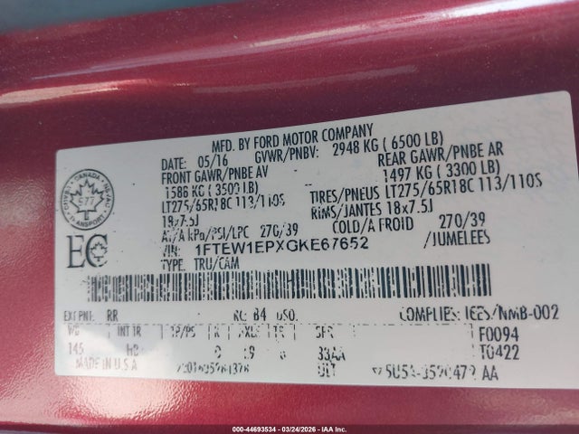 Ford F-150 Lariat 2016 1FTEW1EPXGKE67652 Image 9
