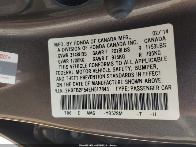Aukcja sprzedaży 2014 Honda Civic Lx, vin: 2HGFB2F54EH517843, numer aukcji: 44693535