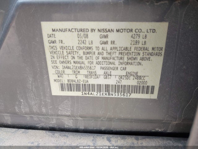 Продаж на аукціоні авто 2008 Nissan Altima 2.5 S, vin: 1N4AL21EX8N535617, номер лоту: 44693544