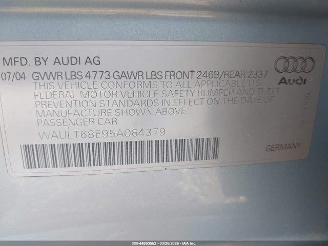 Aukcja sprzedaży 2005 Audi A4 3.0/3.0 Special Edition, vin: WAULT68E95A064379, numer aukcji: 44693552