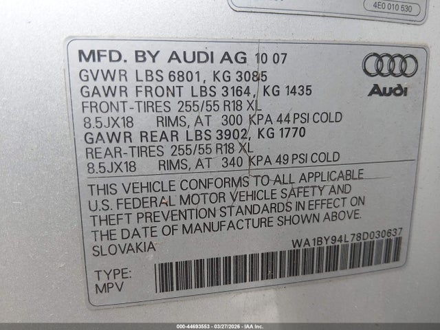 Продаж на аукціоні авто 2008 Audi Q7 3.6 Premium, vin: WA1BY94L78D030637, номер лоту: 44693553
