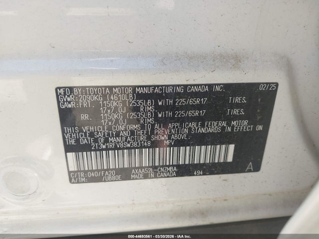Aukcja sprzedaży 2025 Toyota Rav4 Xle, vin: 2T3W1RFV8SW383148, numer aukcji: 44693561