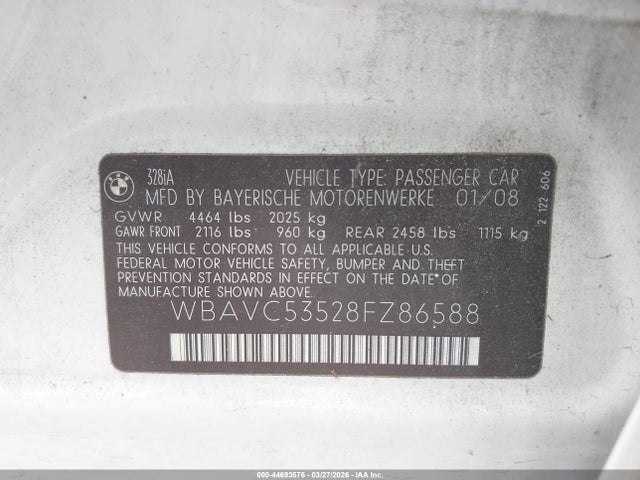 44693576 :رقم المزاد ، WBAVC53528FZ86588 vin ، 2008 Bmw 328i مزاد بيع