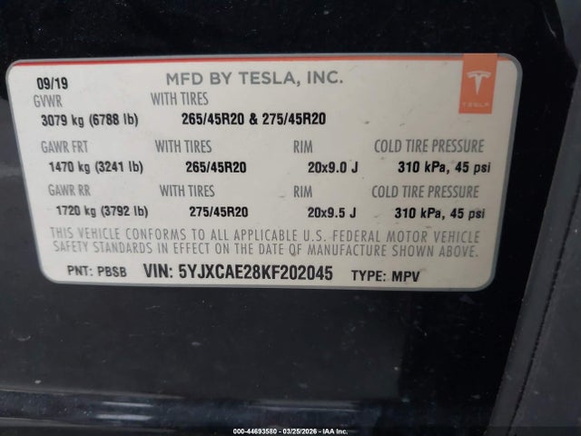 Tesla Model X 100d/75d/long Range 2019 5YJXCAE28KF202045 Image 9
