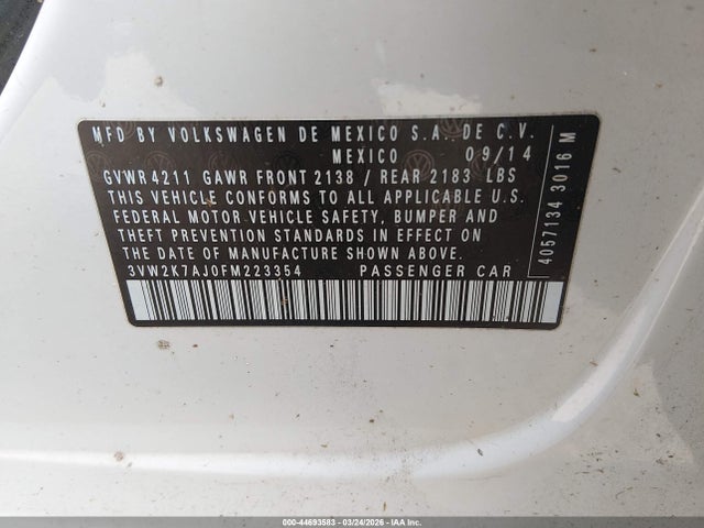 44693583 :رقم المزاد ، 3VW2K7AJ0FM223354 vin ، 2015 Volkswagen Jetta 2.0l S مزاد بيع