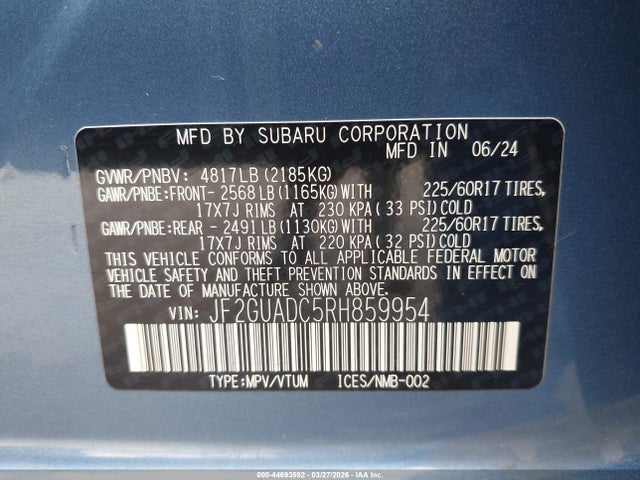 Aukcja sprzedaży 2024 Subaru Crosstrek Premium, vin: JF2GUADC5RH859954, numer aukcji: 44693592