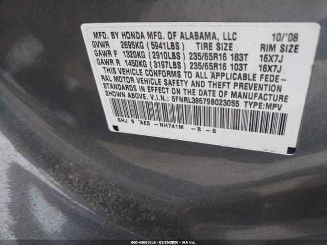 2009 HONDA ODYSSEY 5FNRL38679B023055 Photo 8