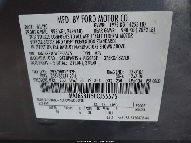 Aukcja sprzedaży 2020 Ford Ecosport Ses, vin: MAJ6S3JL5LC355575, numer aukcji: 44693625