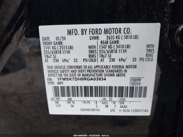 Продажа на аукционе авто 2024 Ford Explorer Xlt, vin: 1FMSK7DH6RGA03934, номер лота: 44693659