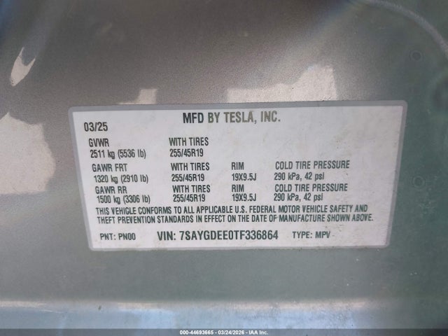 Aukcja sprzedaży 2026 Tesla Model Y All-wheel Drive/long Range Launch Series/premium All-wheel Drive, vin: 7SAYGDEE0TF336864, numer aukcji: 44693665