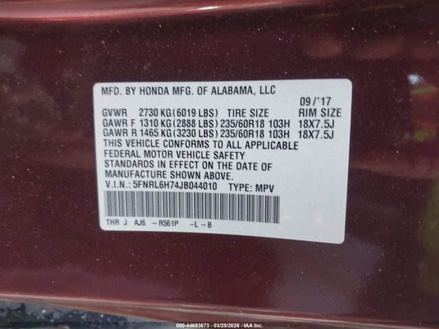 Honda Odyssey Ex-l 2018 5FNRL6H74JB044010 Image 9