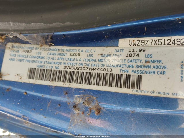 Aukcja sprzedaży 2000 Volkswagen New Beetle Glx, vin: 3VWDD21C2YM444013, numer aukcji: 44693679