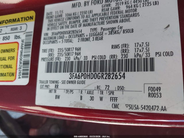 Ford FUSION SE 2016 3FA6P0HD0GR282654 Image 9