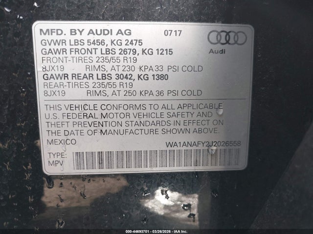44693701 :رقم المزاد ، WA1ANAFY2J2026558 vin ، 2018 Audi Q5 مزاد بيع