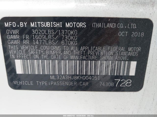 Продажа на аукционе авто 2019 Mitsubishi Mirage Es, vin: ML32A3HJ8KH004051, номер лота: 44693702