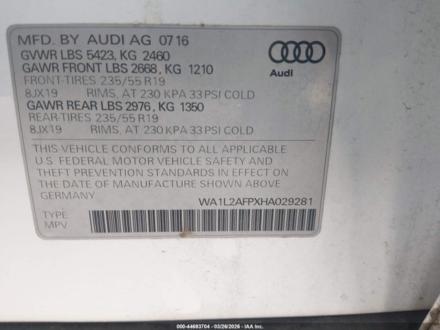 Продаж на аукціоні авто 2017 Audi Q5 2.0t Premium, vin: WA1L2AFPXHA029281, номер лоту: 44693704