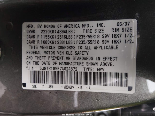 Продаж на аукціоні авто 2007 Acura Rdx, vin: 5J8TB18567A024872, номер лоту: 44693706