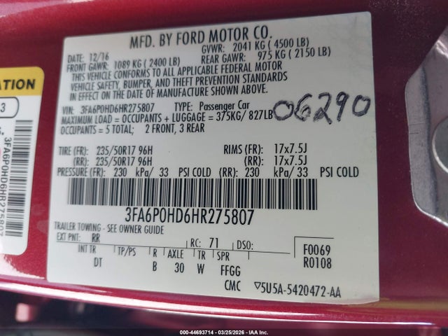 Ford FUSION SE 2017 3FA6P0HD6HR275807 Image 9