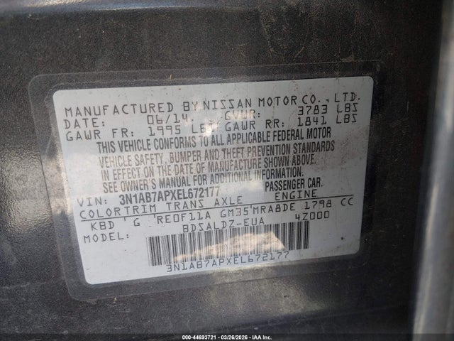 Продаж на аукціоні авто 2014 Nissan Sentra Fe+ S/fe+ Sv/s/sl/sr/sv, vin: 3N1AB7APXEL672177, номер лоту: 44693721