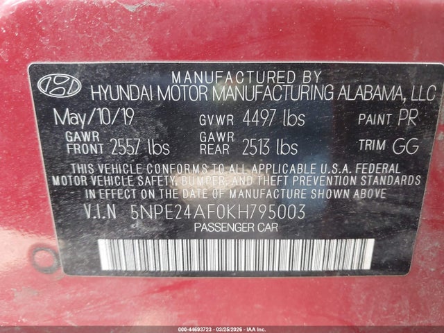44693723 :رقم المزاد ، 5NPE24AF0KH795003 vin ، 2019 Hyundai Sonata Se مزاد بيع