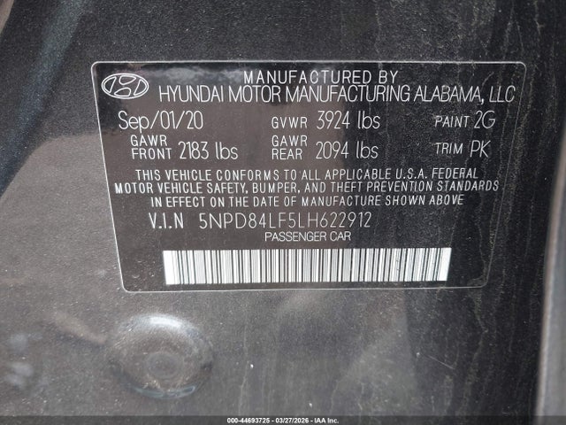 Aukcja sprzedaży 2020 Hyundai Elantra Value Edition, vin: 5NPD84LF5LH622912, numer aukcji: 44693725