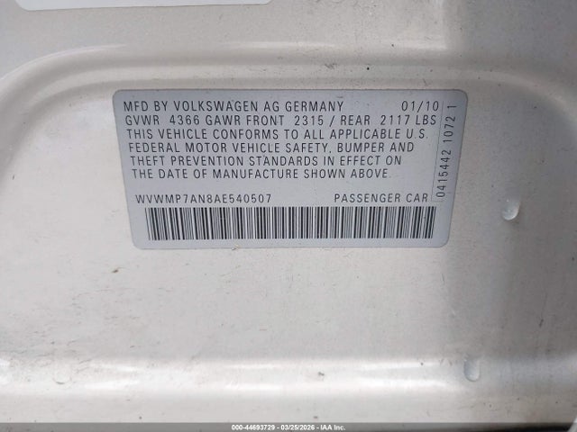 44693729 :رقم المزاد ، WVWMP7AN8AE540507 vin ، 2010 Volkswagen Cc Sport مزاد بيع