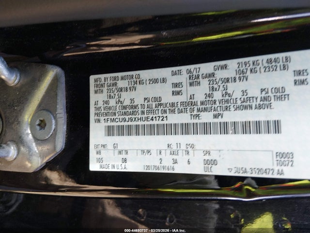 Aukcja sprzedaży 2017 Ford Escape Titanium, vin: 1FMCU9J9XHUE41721, numer aukcji: 44693737