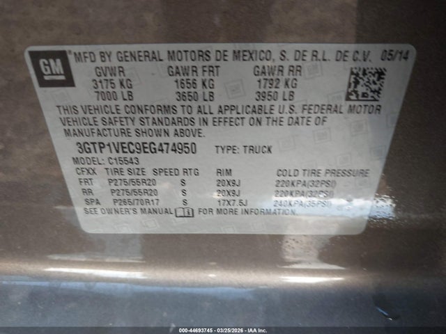 44693745 :رقم المزاد ، 3GTP1VEC9EG474950 vin ، 2014 Gmc Sierra 1500 Slt مزاد بيع