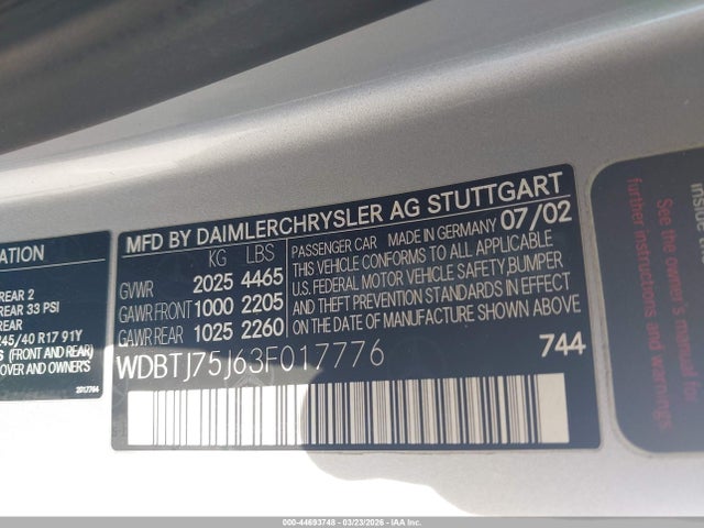 Продажа на аукционе авто 2003 Mercedes-benz Clk 500, vin: WDBTJ75J63F017776, номер лота: 44693748