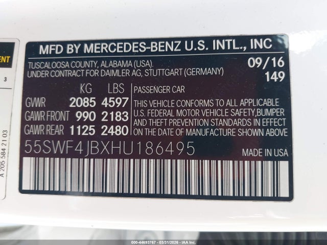 44693767 :رقم المزاد ، 55SWF4JBXHU186495 vin ، 2017 Mercedes-benz C 300 Sport مزاد بيع